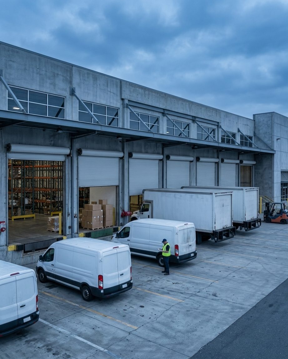 Unmarked delivery vans and trucks at loading docks of a U.S. distribution center