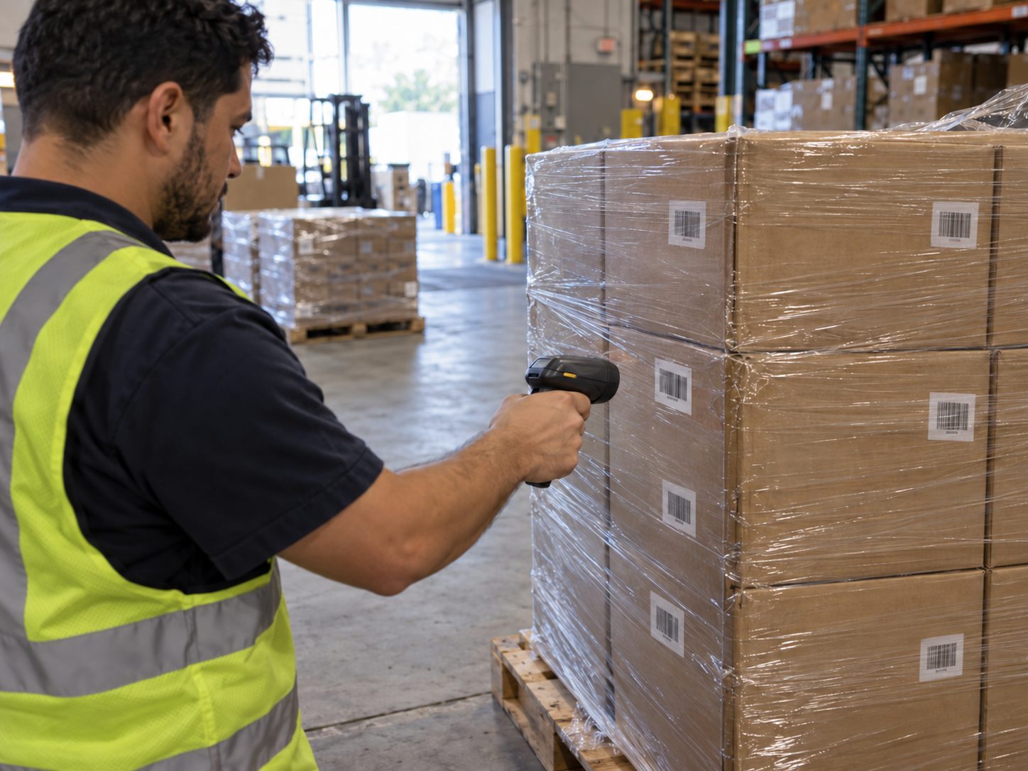Warehouse staff scanning a wrapped pallet during receiving inspection
