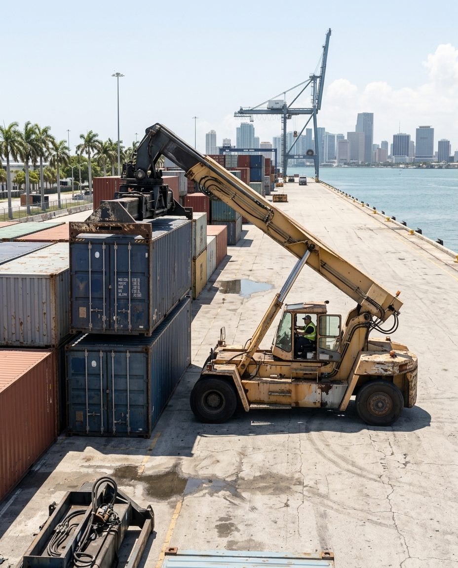 Container crane operations at a U.S. port with the Miami skyline in the background